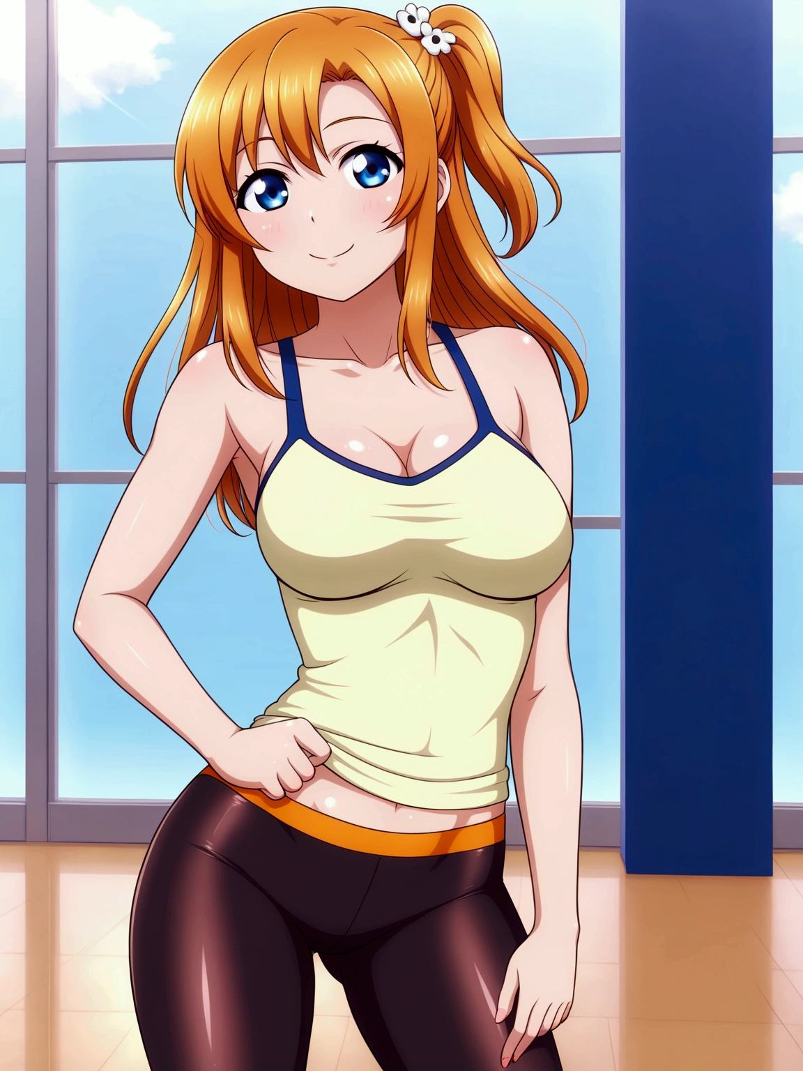 Masterpiece,best quality,Kousaka honoka, blue eyes, orange hair, looking_at_viewer, cowboy shot, tight leggings, tank top,in gym , perfect shadow, beautiful,cozy , standing ,solo