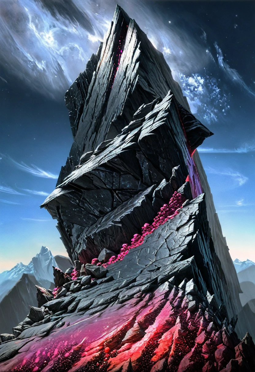 π×(9+2+3)^(2)+1123369853, a mountain made of obsidian and ruby,three quarter wiew, fractal, divergent perspective focal point,((deep wiew)),((changing perspectives)), warped space background, rocky mountains scenario,photographic,ultra high resolution,hyperdetailed, masterpiece, 3d modelling, abstract art.