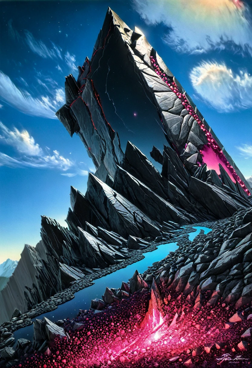 π×(9+2+3)^(2)+1123369853, a mountain made of obsidian and ruby,three quarter wiew, fractal, divergent perspective focal point,((deep wiew)),((changing perspectives)), warped space background, rocky mountains scenario,photographic,ultra high resolution,hyperdetailed, masterpiece, 3d modelling, abstract art.