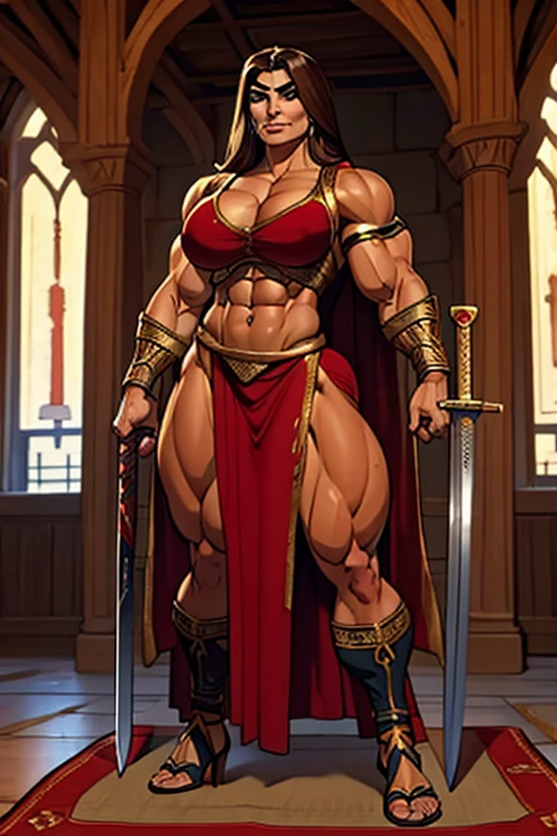 fullbody view, (((muscular))) beautiful persian woman, long dark hair, woman in medieval setting, wearing ornate cloth, warrior woman with a curved sword, perfect and flawless musculature, bulky and powerful bodybuilder physique