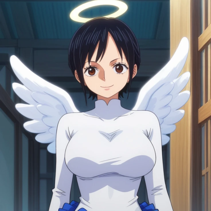 score_9, score_8_up, score_7_up, best quality, masterpiece, source_anime, anime screencap, one_piece_wano_style, clear face, 1girl, solo, black hair, short hair, brown eyes, large breasts, bodysuit white, one-piece dress, angel wings black mini skirt, clevage, outdoor, smile, looking at viewer, upper body, icon