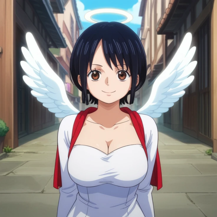 score_9, score_8_up, score_7_up, best quality, masterpiece, source_anime, anime screencap, one_piece_wano_style, clear face, 1girl, solo, black hair, short hair, brown eyes, large breasts, bodysuit white, one-piece dress, angel wings black mini skirt, clevage, outdoor, smile, looking at viewer, upper body, icon