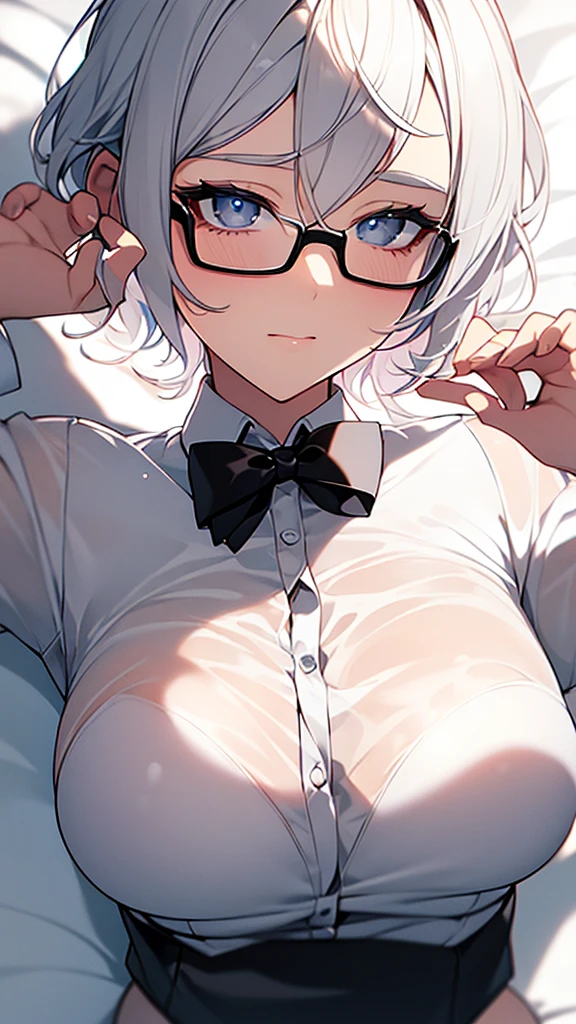 sweet expression, lying down, white glasses, short white hair, (8k, raw photo, photorealistic:1.25) ,( lipgloss, eyelashes, bright face, shiny skin, Best Quality, super high resolution , depth of field, chromatic aberration, Caustics, wide light, natural shadows, kpop idol) looking at the viewer with serenity and goddess bliss, Whole body, big breasts, white underwear, black stockings, Transparent shirt, White shirt, secretary