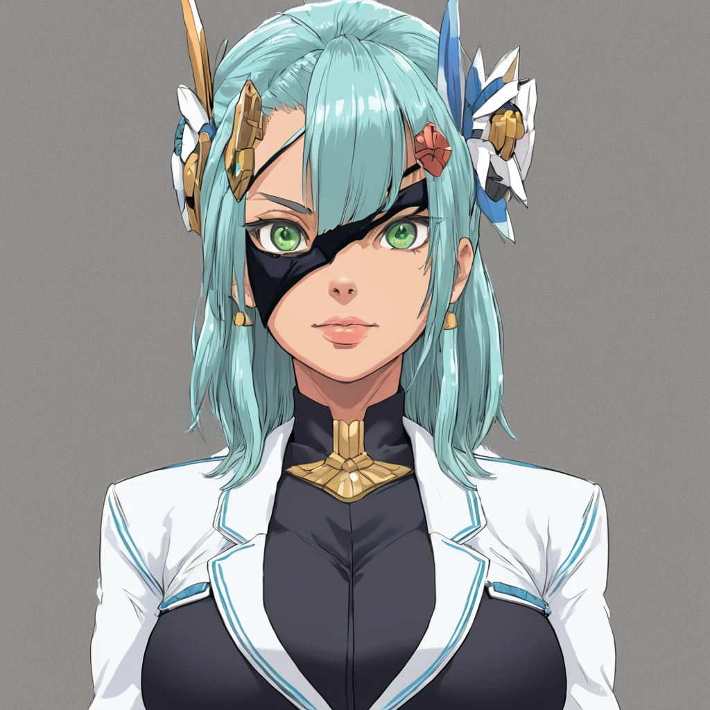 Mikumari \(Xenoblade\)masterpiece, Highest quality, ((1 person)),Blue Hair,Green Eyes,Serious expression, smile,Upper Body,Line art,Medium Hair,White blazer,Black T-shirt,Big Breasts,Bunhead,Black Mask, Expressionless eyes,((Kubo Obito Style)) Detailed face, Face Focus, Are standing, Black Hair,(hair ornaments:1.35),office lady, Sleeves edged with ribbon, Removable sleeves, Ribbon trim, Wide sleeves, (View your audience:1.5) Long Hair, iris, bangs, lips