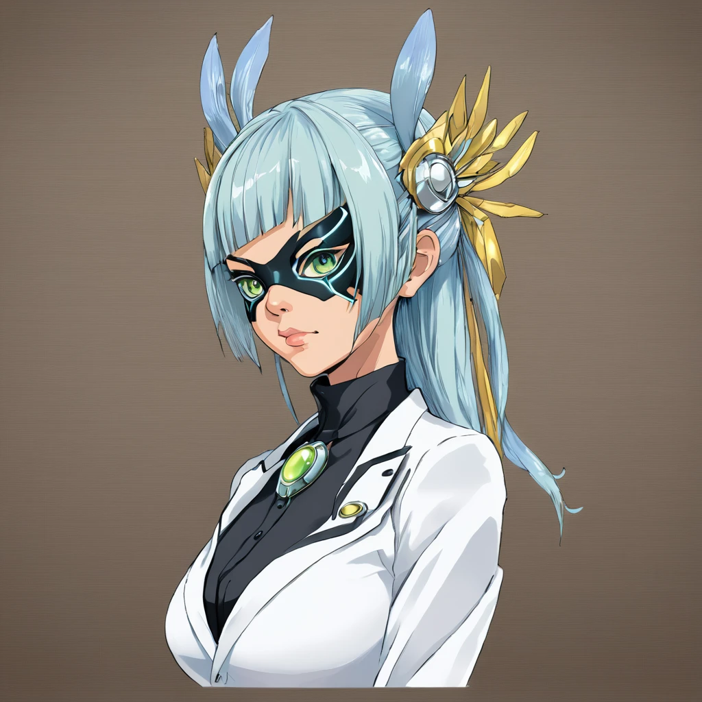 Mikumari \(Xenoblade\)masterpiece, Highest quality, ((1 person)),Blue Hair,Green Eyes,Serious expression, smile,Upper Body,Line art,Medium Hair,White blazer,Black T-shirt,Big Breasts,Bunhead,Black Mask, Expressionless eyes,((Kubo Obito Style)) Detailed face, Face Focus, Are standing, Black Hair,(hair ornaments:1.35),office lady, Sleeves edged with ribbon, Removable sleeves, Ribbon trim, Wide sleeves, (View your audience:1.5) Long Hair, iris, bangs, lips