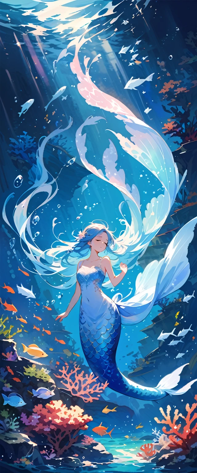 mermaid,underwater,fantasy,ethereal,mythical creature,watercolor painting,floating hair,scales,seashells,coral reef,seaweed,long tail,sparkling,glowing,pearlescent,deep-sea,serene,peaceful,blue tones,soft lighting,graceful,beauty,translucent,marine life,mesmerizing,enchanted,magical,mysterious,secrets,depths of the ocean,dreamlike,underwater kingdom,serenity,swimming,gentle,delicate,quiet,sea creatures,shimmering,splendor,endless sea,pure.