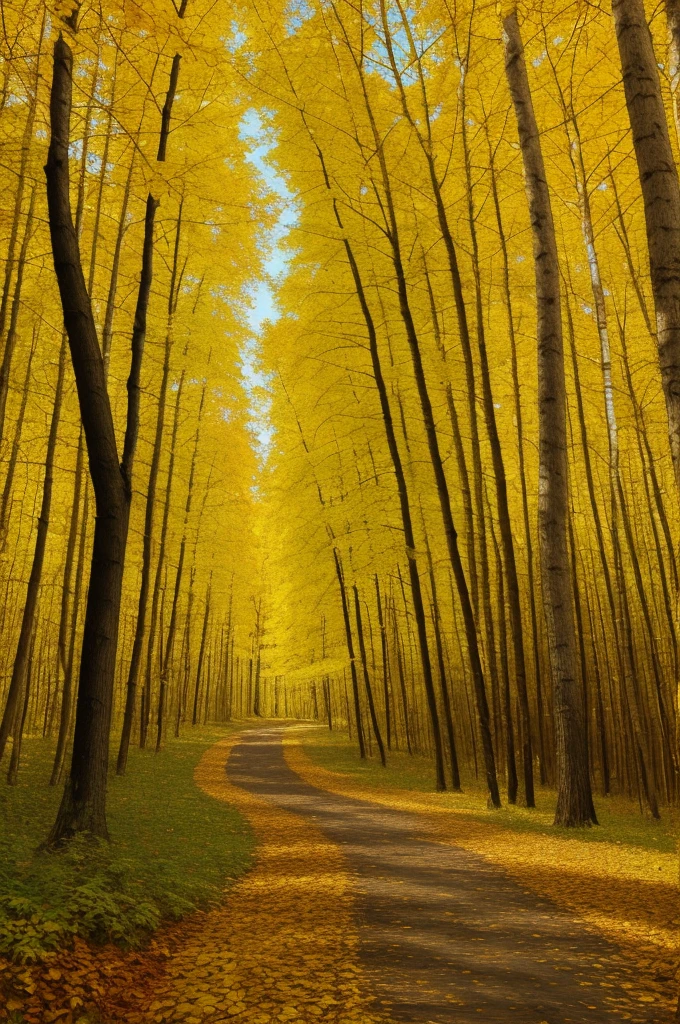 painting of a path in a forest with yellow leaves, in the autumn forest, autumn forest, in an evening autumn forest, golden autumn, by senior artist, in the autumn, by Pavel Fedotov, by Mikhail Evstafiev, oil painting on canvas, by Vladimir Novak, by Igor Grabar, by Aleksandr Gerasimov