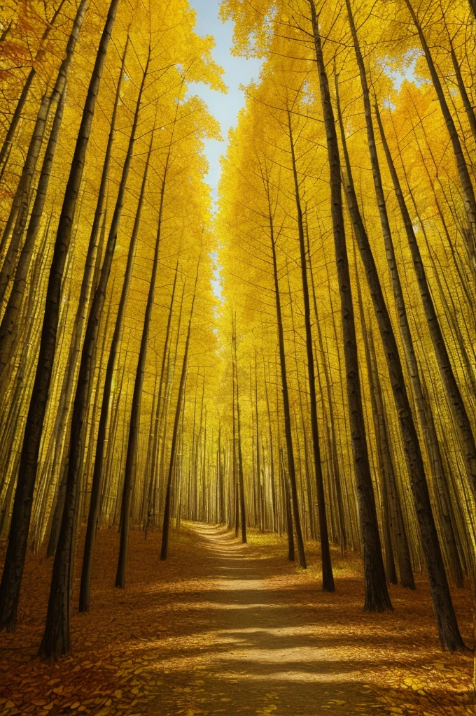 painting of a path in a forest with yellow leaves, in the autumn forest, autumn forest, in an evening autumn forest, golden autumn, by senior artist, in the autumn, by Pavel Fedotov, by Mikhail Evstafiev, oil painting on canvas, by Vladimir Novak, by Igor Grabar, by Aleksandr Gerasimov