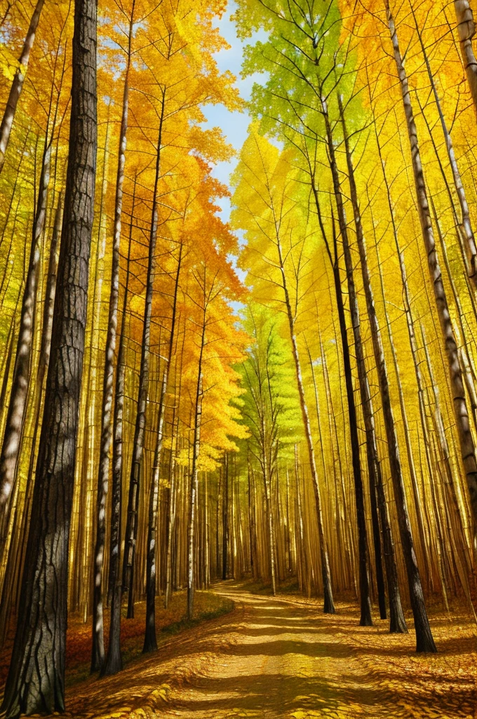 painting of a path in a forest with yellow leaves, in the autumn forest, autumn forest, in an evening autumn forest, golden autumn, by senior artist, in the autumn, by Pavel Fedotov, by Mikhail Evstafiev, oil painting on canvas, by Vladimir Novak, by Igor Grabar, by Aleksandr Gerasimov