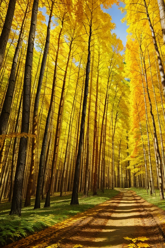 painting of a path in a forest with yellow leaves, in the autumn forest, autumn forest, in an evening autumn forest, golden autumn, by senior artist, in the autumn, by Pavel Fedotov, by Mikhail Evstafiev, oil painting on canvas, by Vladimir Novak, by Igor Grabar, by Aleksandr Gerasimov