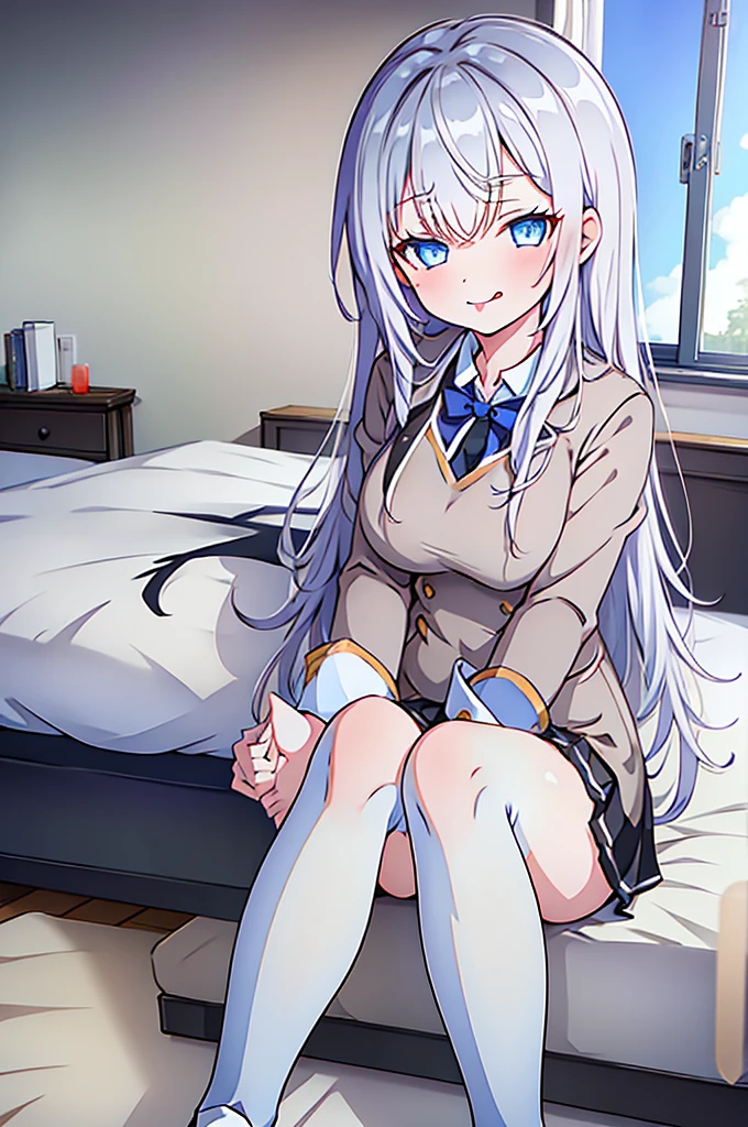 masterpiece, One girl,  JK uniform white hair girl,  Long Hair, The body is slim, Baby Face,  Beautiful breasts, Round Breasts, Long sleeve, Beautiful Eyes, White knee-high socks skirt, Bedroom M-legged pussy legs spread horny tongue licking slanted eyes topless big tits love juice