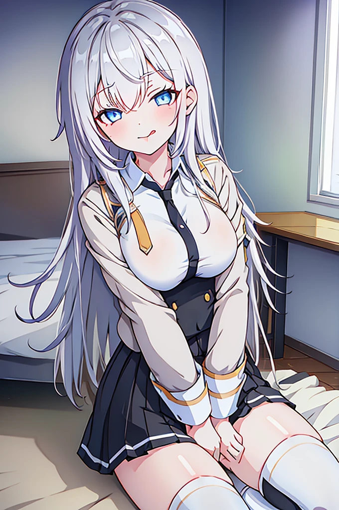 masterpiece, One girl,  JK uniform white hair girl,  Long Hair, The body is slim, Baby Face,  Beautiful breasts, Round Breasts, Long sleeve, Beautiful Eyes, White knee-high socks skirt, Bedroom M-legged pussy legs spread horny tongue licking slanted eyes topless big tits love juice