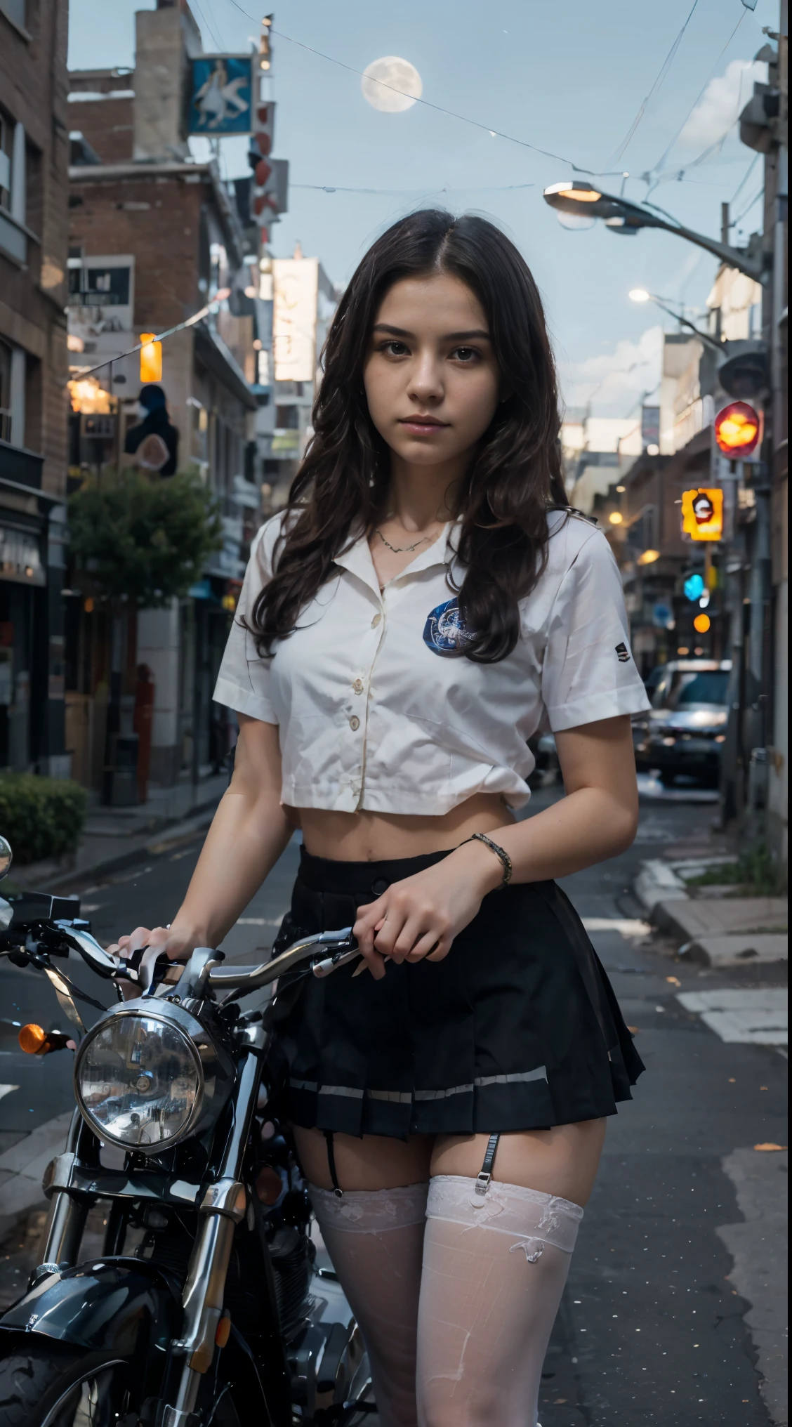 17-year-old Waifu School Girl posando na frente de uma motocicleta futurista, the motorcycle has skulls and blue flames highly detailed 3D graphics, night scenery with full moon in the background, she is wearing a  White SchoolUniform with 3D skulls and flames and Sailor Miniskirt, Pantyhose, HDR, epic realism, high-octane rendering, obra de arte,