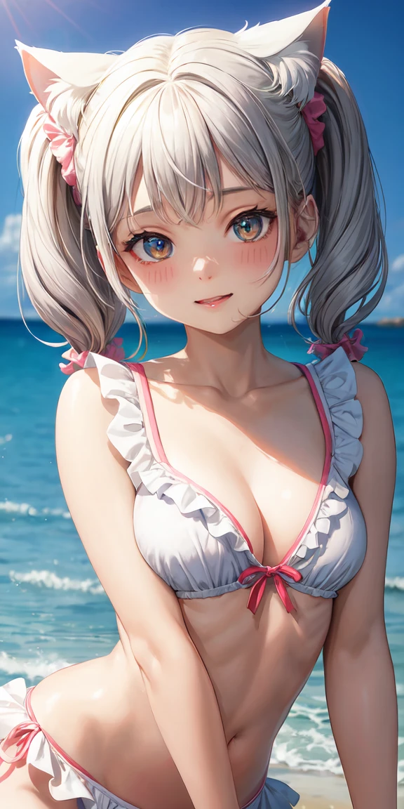 (masterpiece, Highest quality),Kiddie, nekomimi, Ruffled swimsuit, Gray Hair,Twin tails,Scrunchie, , (Suggestive:1.2), (smile:0.7), Upper Body