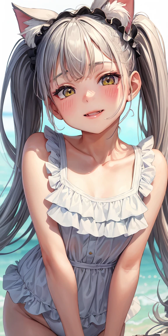 (masterpiece, Highest quality),Kiddie, nekomimi, Ruffled swimsuit, Gray Hair,Twin tails,Scrunchie,  , (Suggestive:1.2), (smile:0.7), Upper Body