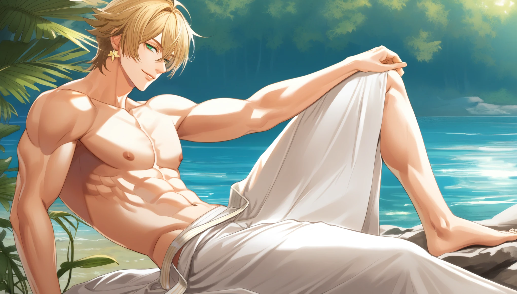 (absurd, highres, ultra detailed, HDR), masterpiece, best quality, perfect face, fine features, vivid green eyes, solo, male, handsome, detailed face, Taishakuten, ash blonde hair, hair between eyes, white tunic, chest, lotus earrings, onmyoji, pink petals, pink butterflies, sitting on the shore of a lake, looking at the water, perfect anatomy, athletic, light muscles,