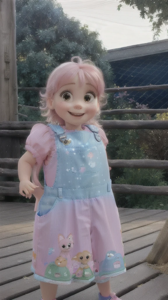 Araffe standing on a wooden platform in a pink dress and blue shoes, Wearing overalls, Four years old, 4 anos, cute , , Wearing overalls sujo, looking, looking very silly, photo of the girl, super cute and friendly, looking cute, she has a cute expressive face, smiling lightly, disney, pixar
