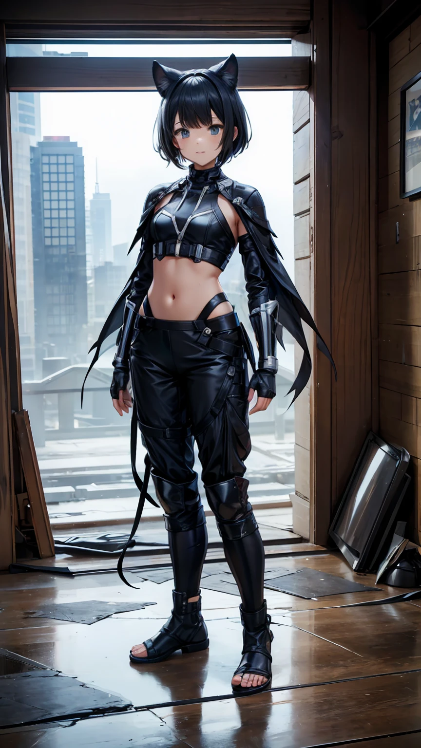 ((Full body photo, standing, feet on the floor))  Black short-haired girl with doll head and flat chest，Black panther ears，Black Panther Tail，Ninja costumes，Hand guard，long pants，black socks，Straw sandals，Standing，ruined city