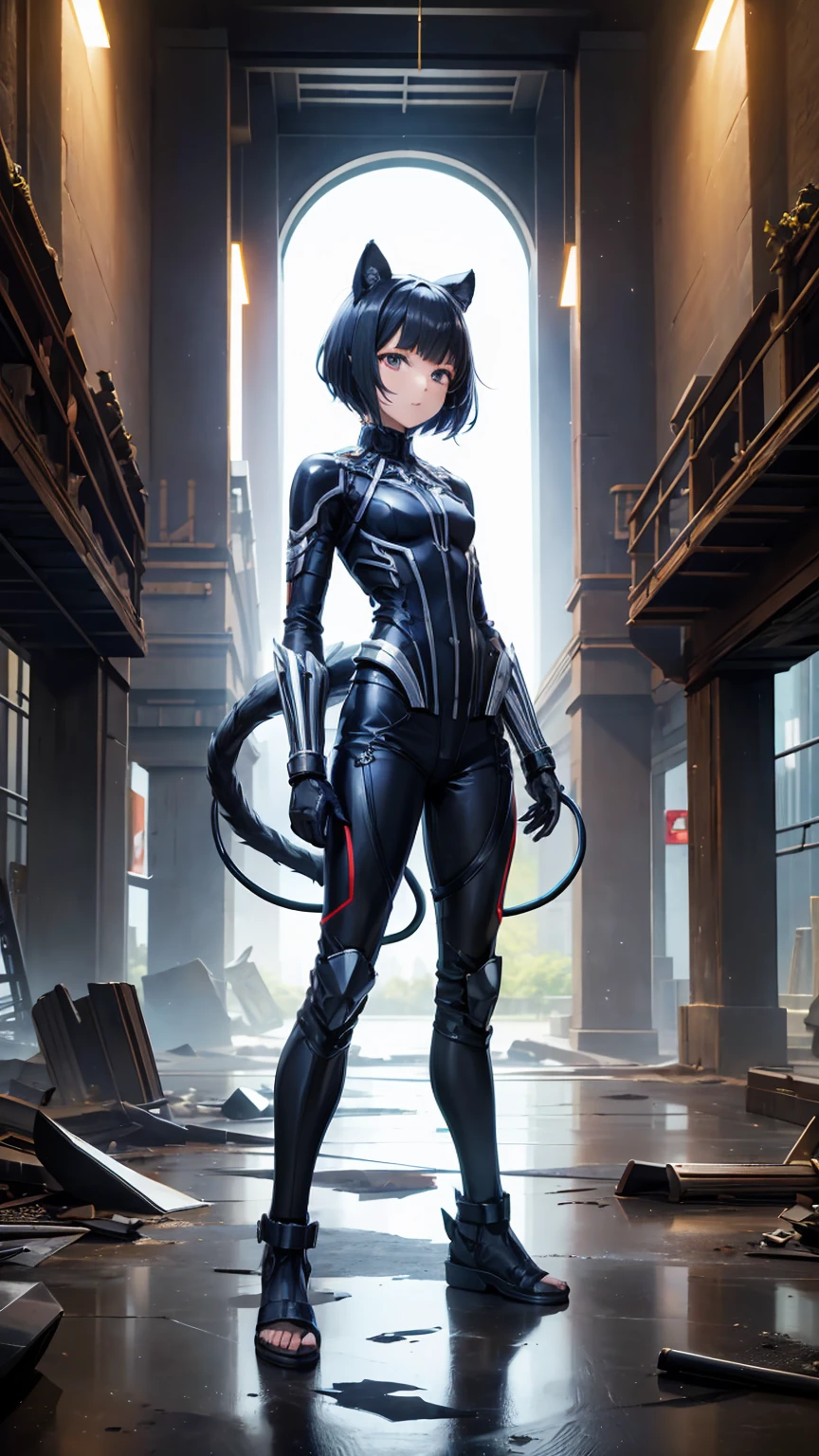 ((Full body photo, standing, feet on the floor)) Black short-haired girl with doll head and flat chest,Black panther ears,Black Panther Tail,Ninja costumes,Hand guard,long pants,black socks,Straw sandals,Standing,ruined city