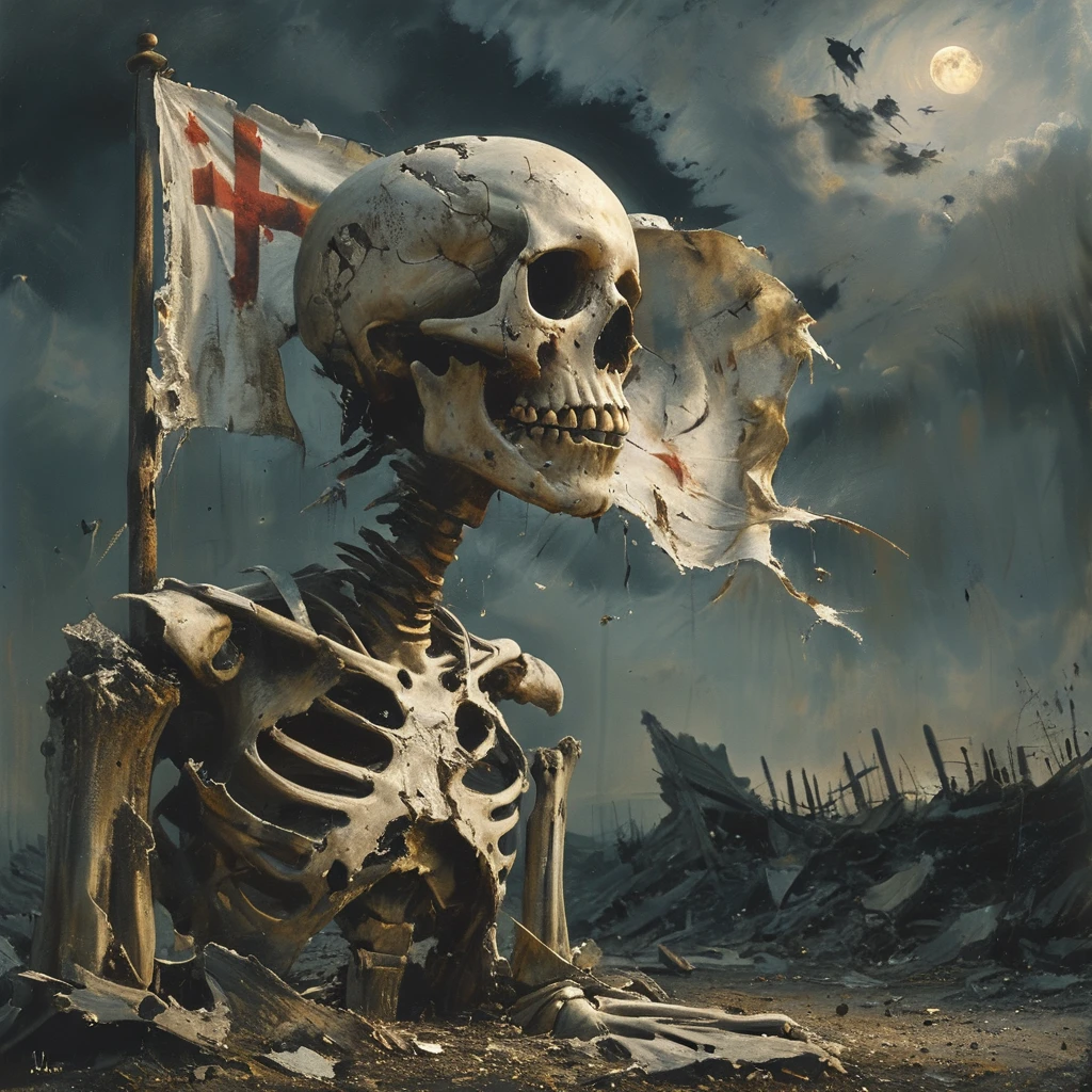 old white flag stuck in a broken skeleton, torn, focused, windy, realistic, nighttime,  