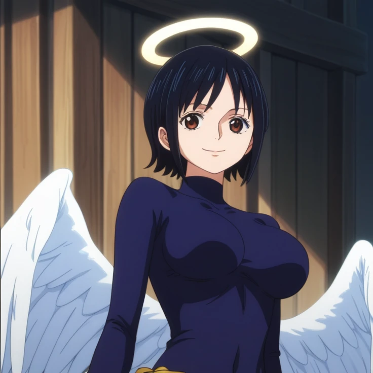 score_9, score_8_up, score_7_up, best quality, masterpiece, source_anime, anime screencap, one_piece_wano_style, clear face, 1girl, solo, black hair, short hair, brown eyes, large breasts, bodysuit white, one-piece dress, angel wings black mini skirt, clevage, outdoor, smile, looking at viewer, upper body, icon