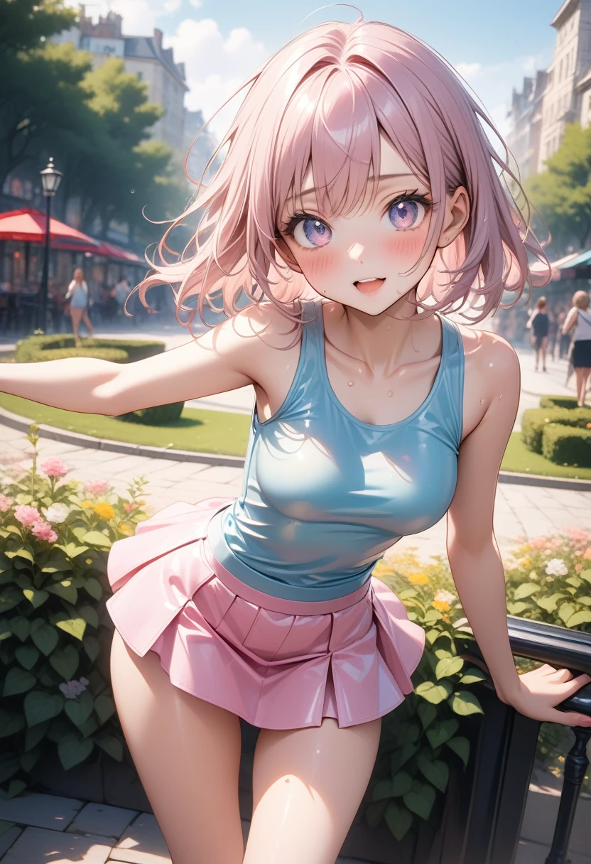 ((Pastel_colors_latex Tank top, skirt)), skindentation, skinny, solo, 1 woman, Masterpiece, highest quality, highest quality, 16K, incredibly absurd, highly detailed, 2.5D, ai-generated, delicate and dynamic, very delicate facial expressions, delicate eye depiction, only sexy woman, ((A cute and kind face)), healthy figure, 25-year-old woman, 160cm tall, medium firm swaying bust, blush, Sweat,Embarrassed,sexy, ((thin thighs)), ((shiny and lustrous)), facing straight at viewer, ((Oily_skin)), dutch angle, ((erotic pose)), Dynamic poses, A city park in midsummer