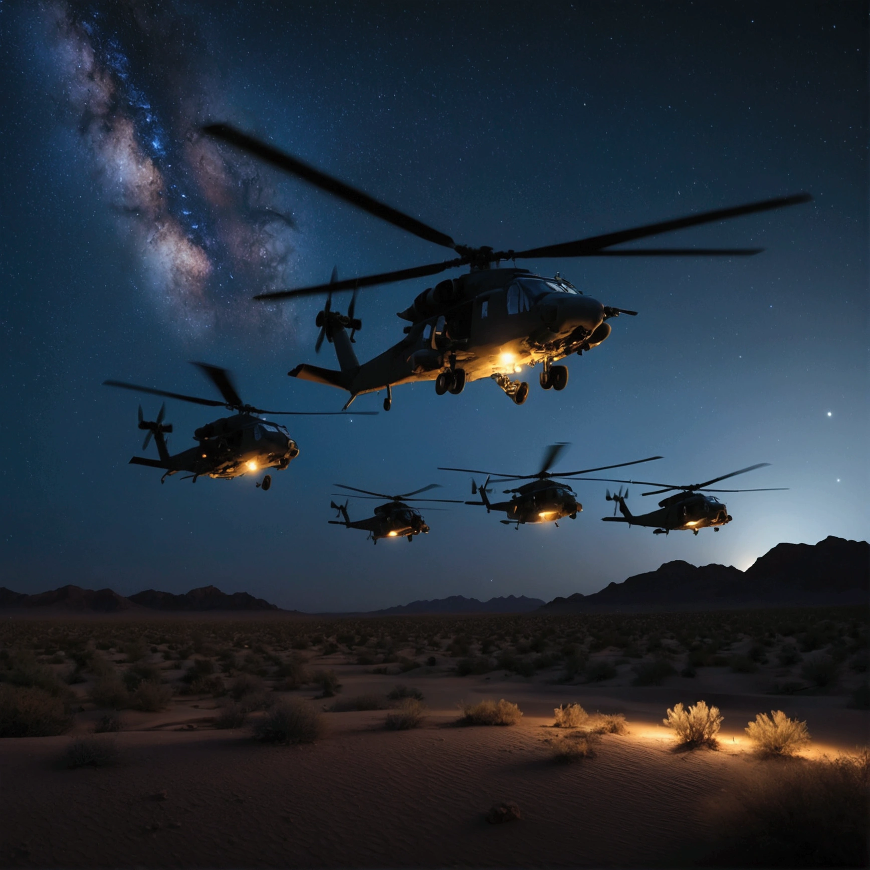 A cinematic realistic image of 5 big U.S military helicopters flying above a desert, very dark night sky at night, 4k, 8k, 16k, Volumetric Lighting, stars in night sky, midnight, galaxy, beautiful