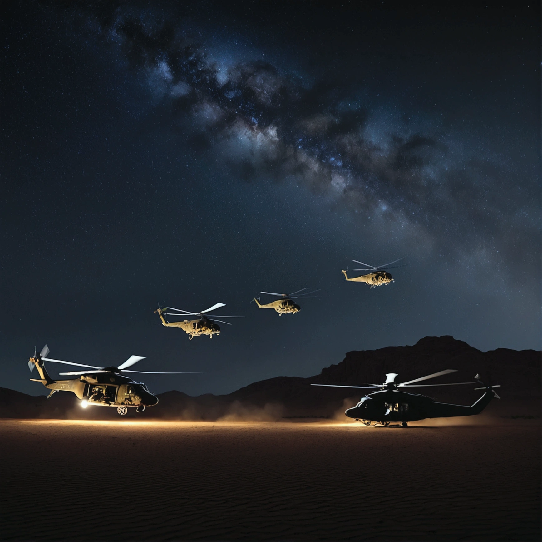A cinematic realistic image of 5 big U.S military helicopters flying above a desert, very dark night sky at night, 4k, 8k, 16k, Volumetric Lighting, stars in night sky, midnight, galaxy, beautiful