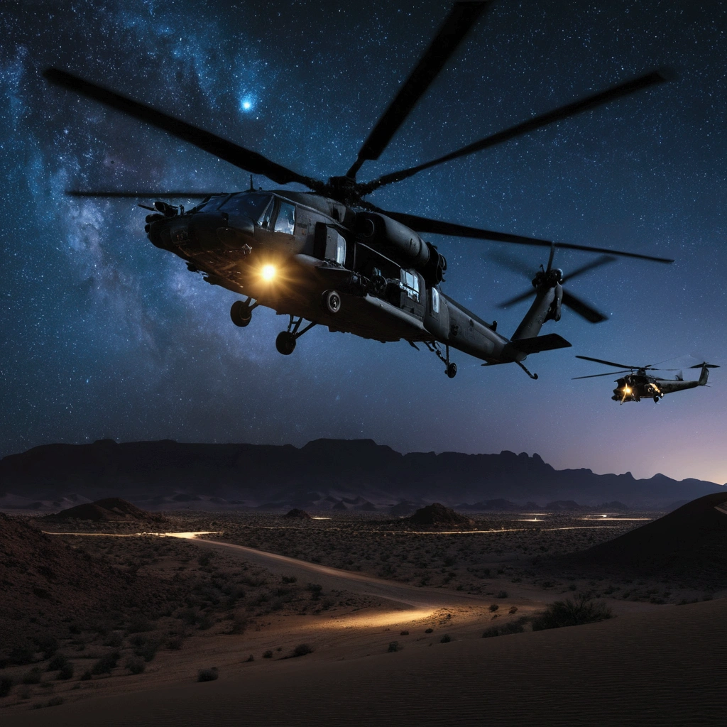 A cinematic realistic image of 5 big  U.S military helicopters flying above a desert, very dark night sky at night, 4k, 8k, 16k, Volumetric Lighting, stars in night sky, midnight, galaxy, beautiful 