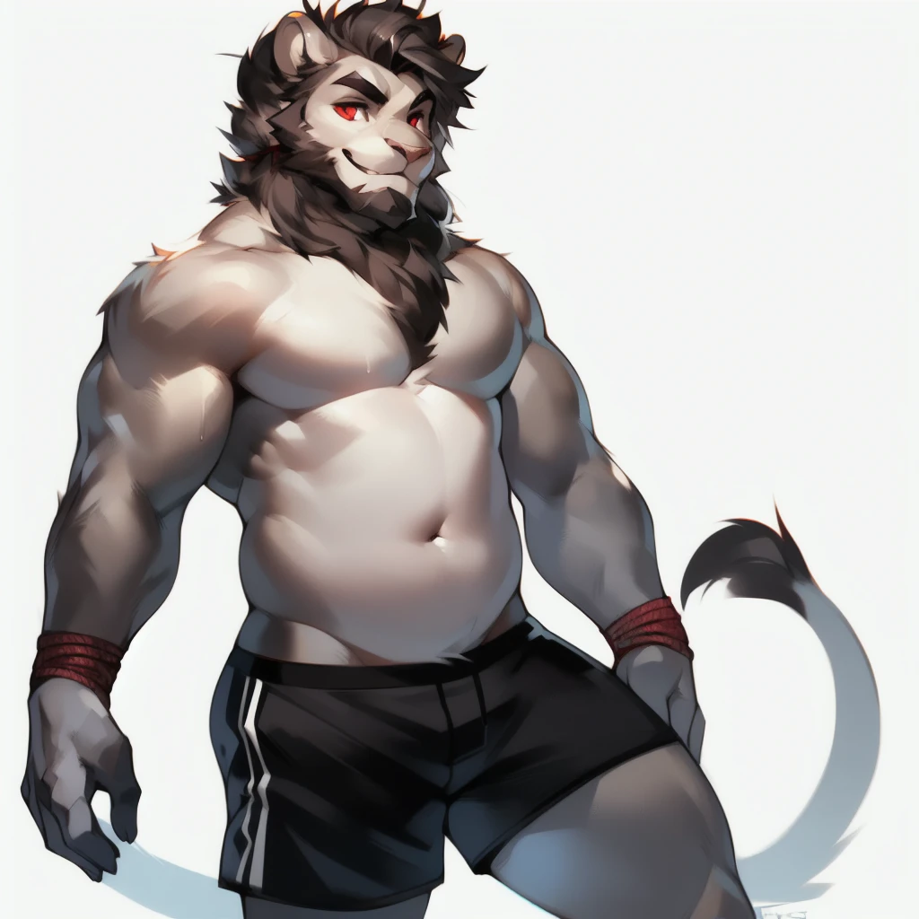 (Masterpiece: 1.2, highest quality), (intricate details), male, 1 guy, Solo, Upper body, Casual, (short hair), lion, by mystikfox61, by darkgem, (hair, snout), small round lion ears, light pink nose, crooked mouth, smiling, detailed face, (large cartoon eyes, perfectly circular eyes), red pupils, detailed fluffy fur, (((short super straight swept-back hair, short jagged pointy hair, short slicked back hair, extremely short beard, curly beard, puffy frizzy goatee, widows peak))), ((((short hair tied low, long scruffy sidelocks)))), relaxed body, digital art, natural lighting, sweaty, (((soft muscular arms, soft perfectly-round chubby torso, soft body, tall pecs, very tall pectoral region, very short abdominal region, perfectly round chest, wide body))), white stomach, beard, ((short dark grey hair, short dark hair, thick jagged eyebrows, light grey body, gray body)), pale underbelly, white counter-shaded torso and mouth, throbbing, (((white background))), (black faded ashen boxerbriefs, monochrome black trunks), pastel light blue towel on his shoulder, red phone, lion tail, (navel toward the bottom, vertical bellybutton), thin legs