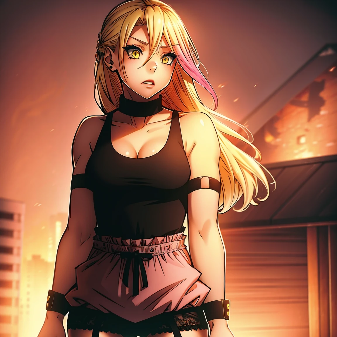 girl with blonde hair, yellow eyes, pink hair, tank top, black garters, mocking expression, furious, red lips, muscular, tank top, long hair, 