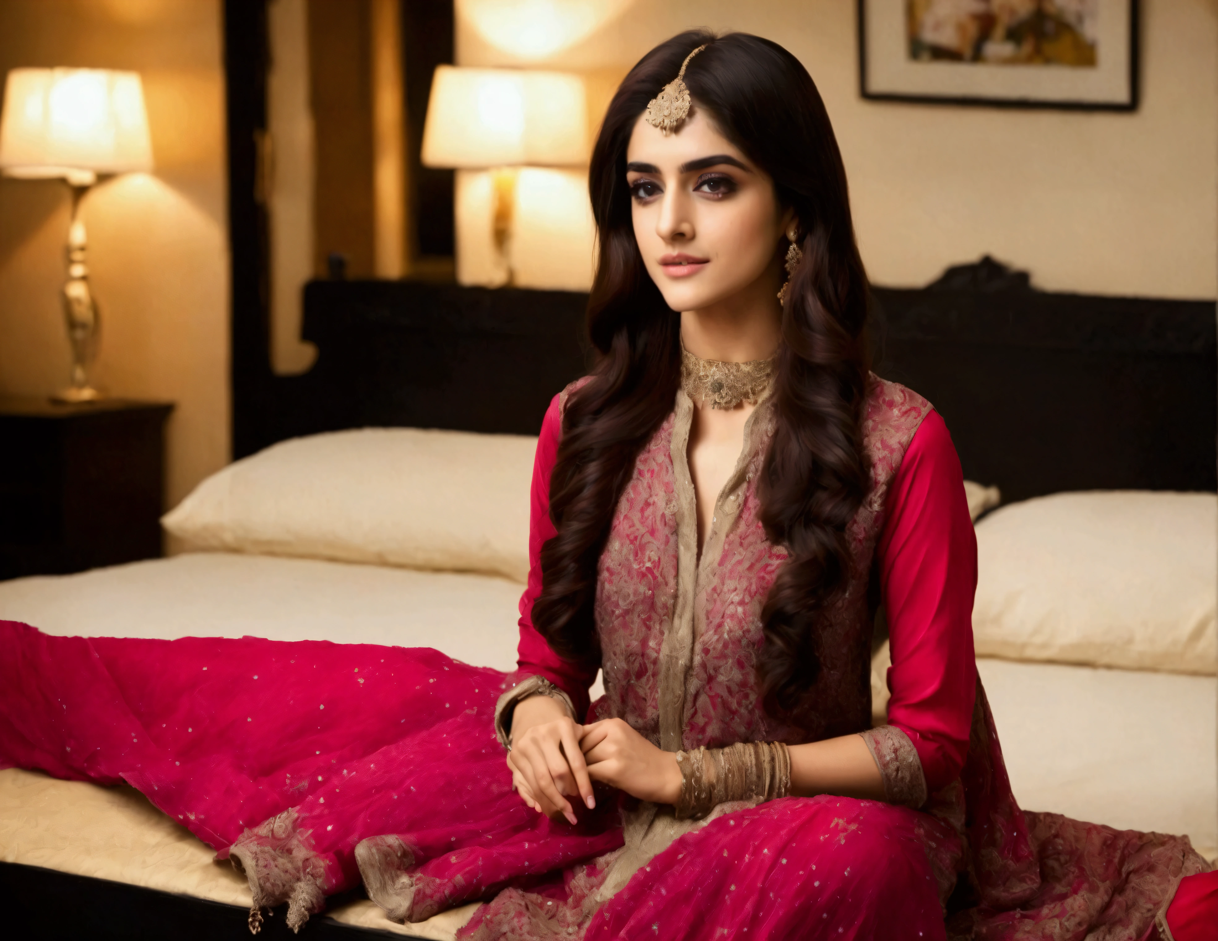 Maya Ali, horny, open legs, spread pussy, caressing breast, inviting viewer, large dark comfy bed, sex toys
