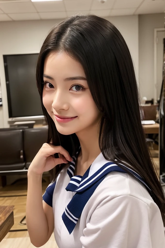紺と白のセーラー服、Drama club room, high school senior, drama club president, ((full body)), ((photo)), ((best qualtiy, 8K, tmasterpiece:1.3)), Focus:1.2, perfect figure beautiful girl:1.4, 1girl, cowboy shot, look at viewer, eyes facing the camera, incredibly absurd, beautiful and cute girl with a photorealistic face, showcasing top-quality craftsmanship, A Japanese girl preparing for club activities in the drama club room, , long, straight, silky black hair, fair skin, big eyes, thin eyebrows, double eyelids, long eyelashes, pink lips, smile, devilish smile, gorgeous features, well-defined facial features, beautiful face line, mysterious beauty, slender, tall, well-balanced proportions, large E-cup breasts, navy blue sailor uniform, favorite silver accessories, well-groomed nails, pretty girl, beauty, devilish type, pretty older sister, passionate about art, sociable, friendly, positive, has leadership skills, is proactive, is flexible, gets things done efficiently, works hard towards dreams and goals, May