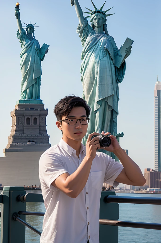 Young handsome Asian man in glasses taking photo near the Statue of Liberty
