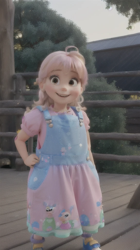 Araffe standing on a wooden platform in a pink dress and blue shoes, Wearing overalls, Four years old, 4 anos, cute , 2 years old, Wearing overalls sujo, looking, looking very silly, photo of the girl, super cute and friendly, looking cute, she has a cute expressive face, smiling lightly, disney, pixar, blonde hair