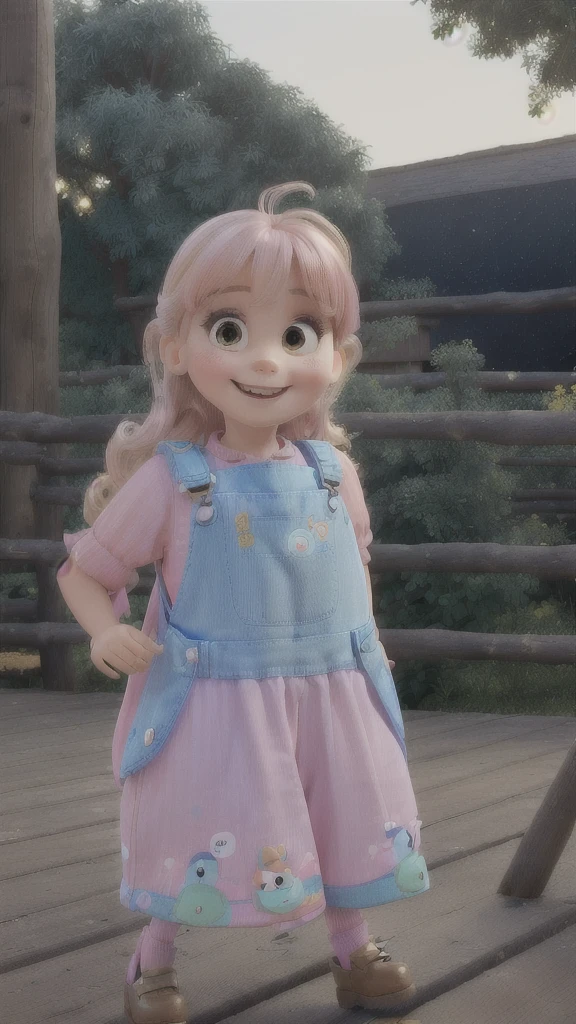 Araffe standing on a wooden platform in a pink dress and blue shoes, Wearing overalls, Four years old, 4 anos, cute , 2 years old, Wearing overalls sujo, looking, looking very silly, photo of the girl, super cute and friendly, looking cute, she has a cute expressive face, smiling lightly, disney, pixar, blonde hair