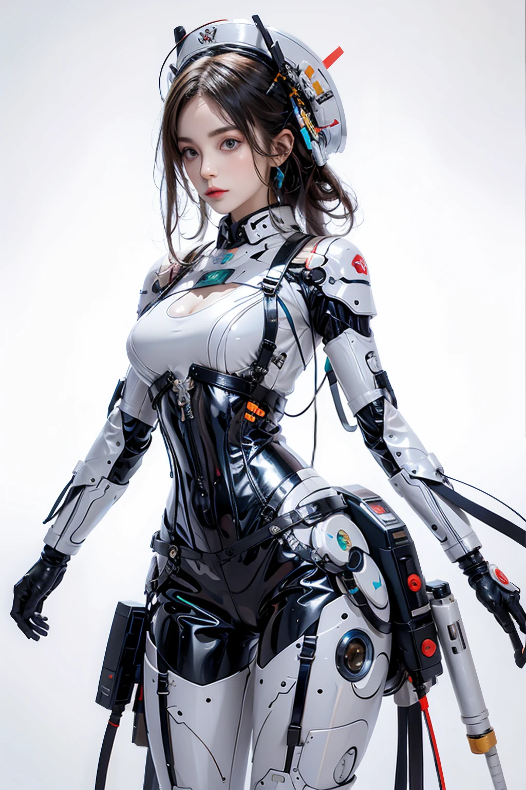 realistically, A high resolution, a 1 woman, hip, ANDROID, Mecha Maiden,mechanical parts, ANDROID joints,single mechanical arm, Hats, mechanical aura,Hello Star,simple mechanic overalls, mecha corset, Complete A, White mech body，White background, whole body, standing