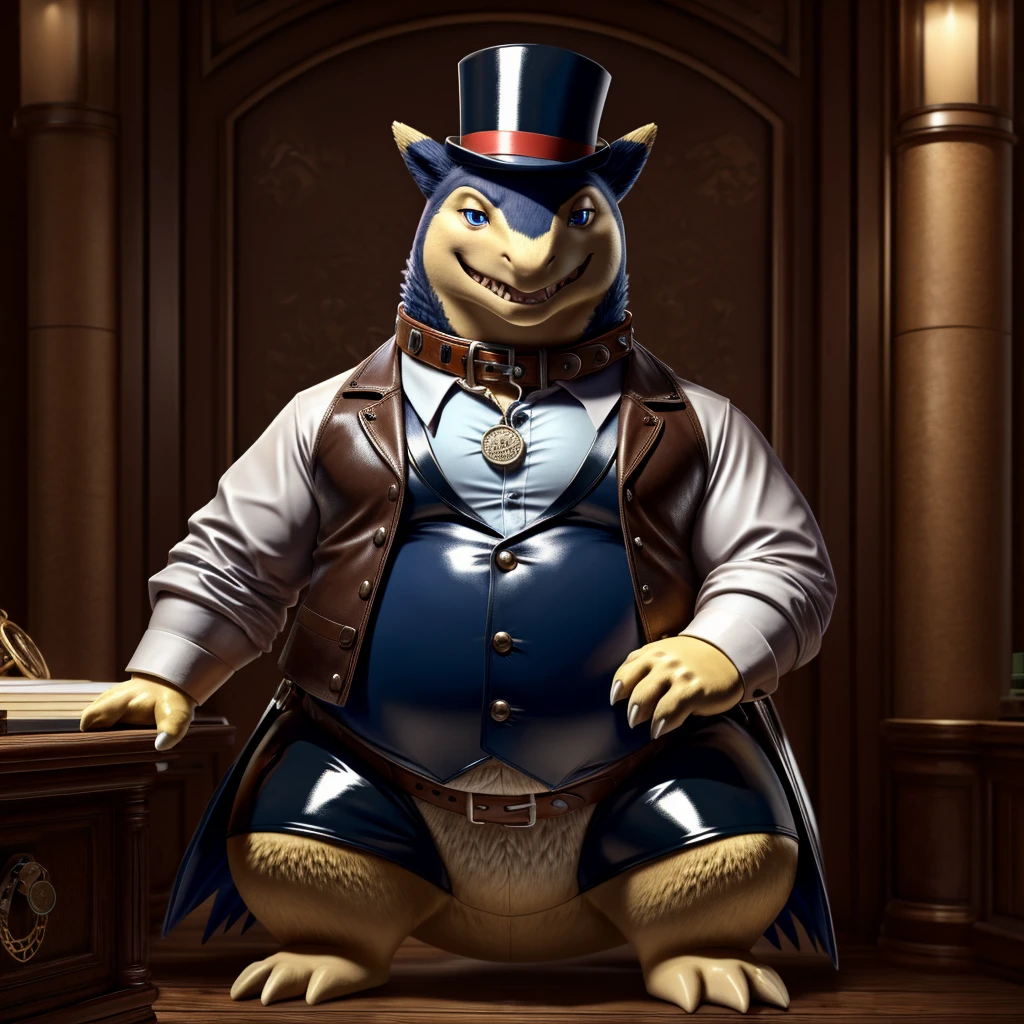 Solo, Male, fat, extremely obese, gentleman, dapper Professor Typhlosion, blue eyes, (posing:1.3), (soft shading), 4k, hi res, ((detailed face, detailed)), looking at viewer, mouth wide open, steampunk, dapper clothing, collared shirt with buttons, top hat, male focus, Explorer Outfit, glasses, monocle, vest with buttons, sleeves rolled up, round eyewear, brown headwear, brown vest, pocket watch, office, Typhlosion is wearing a glossy leather dog collar around the neck, Typhlosion is wearing the leather collar and shirt and vest at the same time, Typhlosion is wearing glossy white rubber gloves on the hands, wearing white rubber gloves on the feet, gloves are rubber in texture, clenching teeth, clenching fists, leather collar is glossy and shiny with a lot of detail, Typhlosion is wearing gloves and leather collar at the same time, leather collar has a round dog-tag, leather collar is thick and detailed, leather collar is glossy and shiny, fancy clothing, dapper vest, dapper shirt, leather collar is thick, glossy leather collar.
