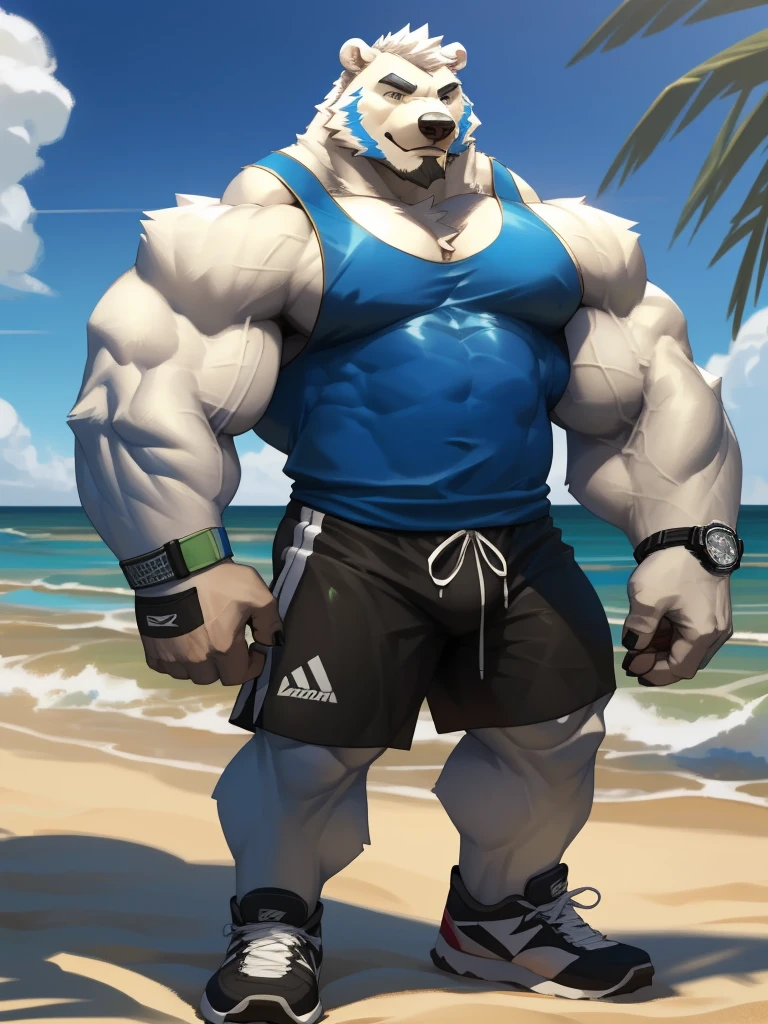 huge muscular polar bear in L.A. beach, big smirk, polar bear, huge white fur, thick arm, huge arm, bearded. white hair and beard, bearded, (muscular, pectoral, wide pectoral, thick arms), beach, palm, realistic, 8k, masterpiece, (wearing black shorts, wristband, watch and white tank top, sports shoes)