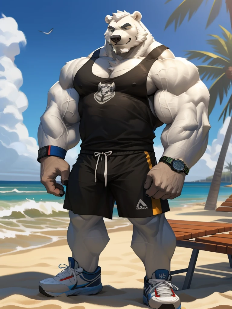 huge muscular polar bear in L.A. beach, big smirk, polar bear, huge white fur, thick arm, huge arm, bearded. white hair and beard, bearded, (muscular, pectoral, wide pectoral, thick arms), beach, palm, realistic, 8k, masterpiece, (wearing black shorts, wristband, watch and white tank top, sports shoes)