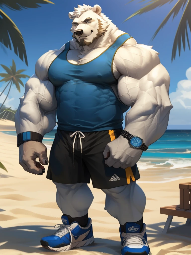 huge muscular polar bear in L.A. beach, big smirk, polar bear, huge white fur, thick arm, huge arm, bearded. white hair and beard, bearded, (muscular, pectoral, wide pectoral, thick arms), beach, palm, realistic, 8k, masterpiece, (wearing black shorts, wristband, watch and white tank top, sports shoes)