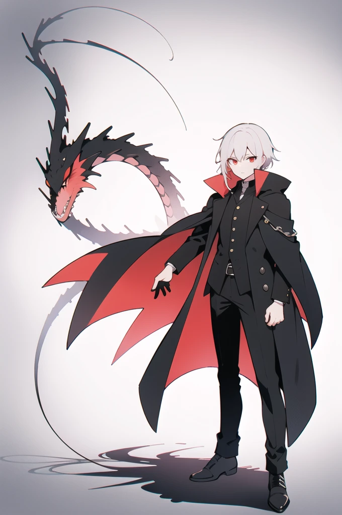 a man in black pants, red eyes, black coat, white hair, summoning a shadow dragon with his hand