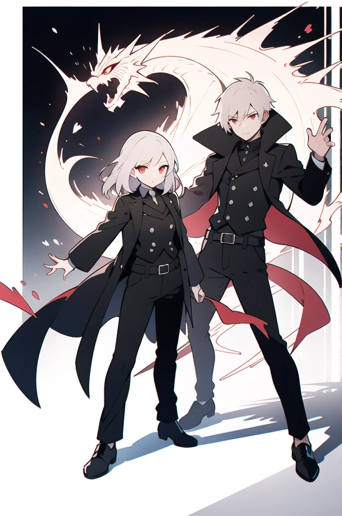a man in black pants, red eyes, black coat, white hair, summoning a shadow dragon with his hand