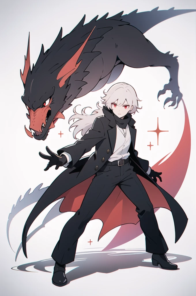 a man in black pants, red eyes, black coat, white hair, summoning a shadow dragon with his hand