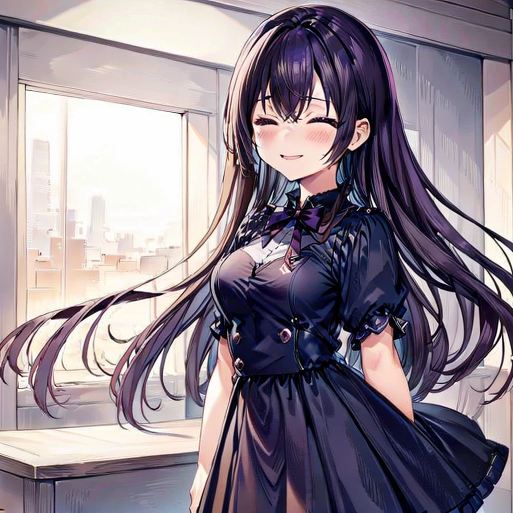 score_9, score_8_up, score_7_up, score_6_up, score_5_up, score_4_up, yuki suou, black hair, long hair, purple eyes, 1girl, one eye closed, solo, dress, smile, brown hair, blush, short sleeves, open mouth, ;d, looking at viewer, bow, puffy sleeves, purple dress