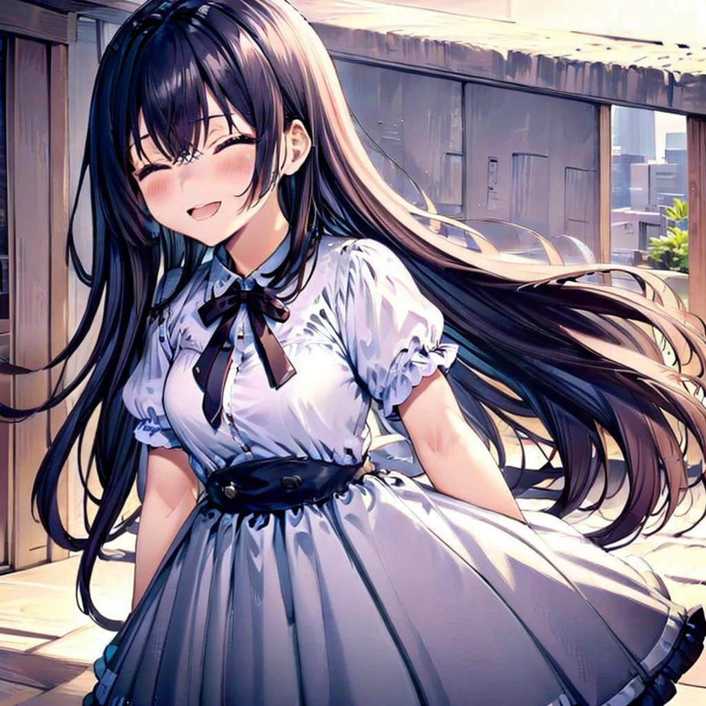 score_9, score_8_up, score_7_up, score_6_up, score_5_up, score_4_up, yuki suou, black hair, long hair, purple eyes, 1girl, one eye closed, solo, dress, smile, brown hair, blush, short sleeves, open mouth, ;d, looking at viewer, bow, puffy sleeves, purple dress