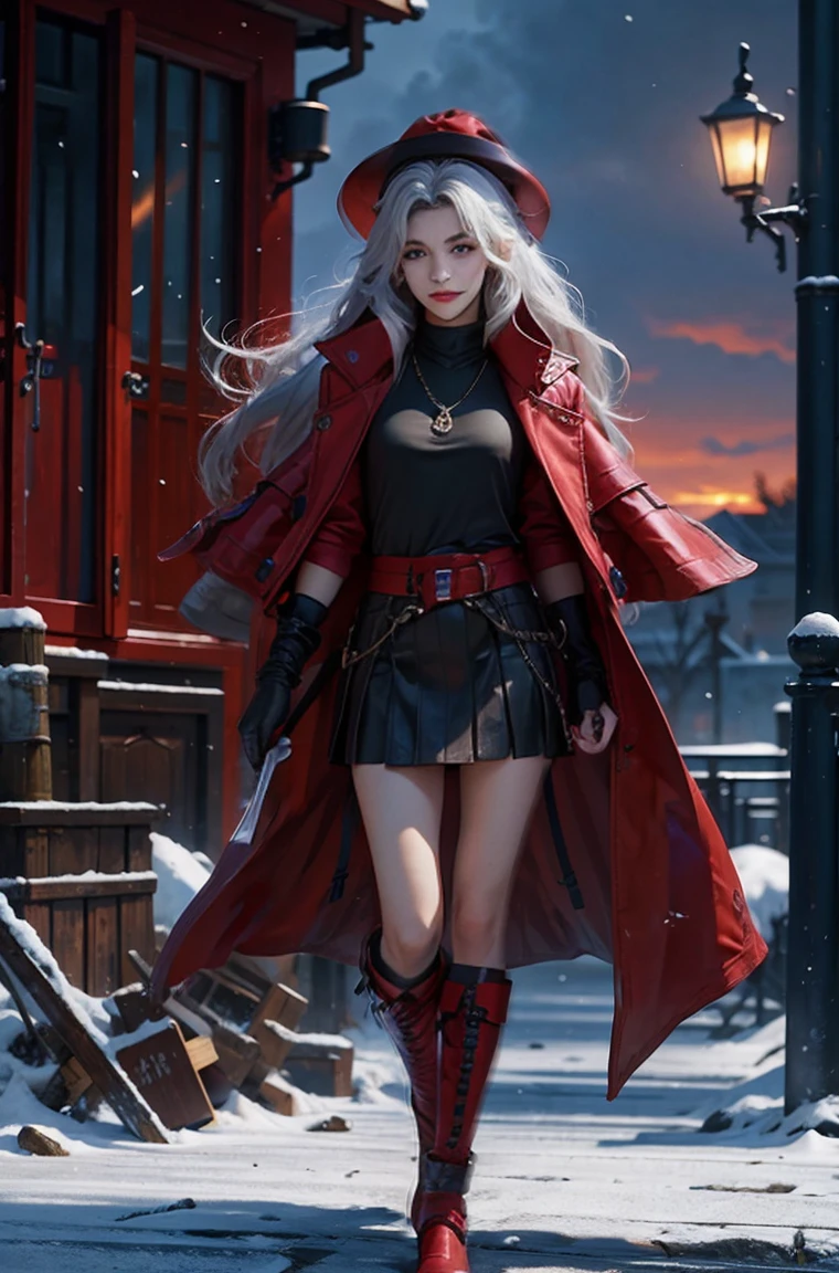 ((Full body photo, standing, feet on the floor)) full body Esbian, of the highest quality, Intricately detailed skins, Shiny skin, Shiny hair, pale complexion,Big breasts), Red sky, Continuous snow, Castle terrace, ((Skull Mark)), ambitious, Seductive Woman, Gray hair, Long hair, Hair fluttering in the wind, Skull mask on half of the face, Detailed tattoos, Red leather clothes, Red sleeveless clothes, Red leather coat, Black leather gloves, Solid Gold Bracelet, leather skirt red skirt, , small hat, (Leather Belt), Look far away