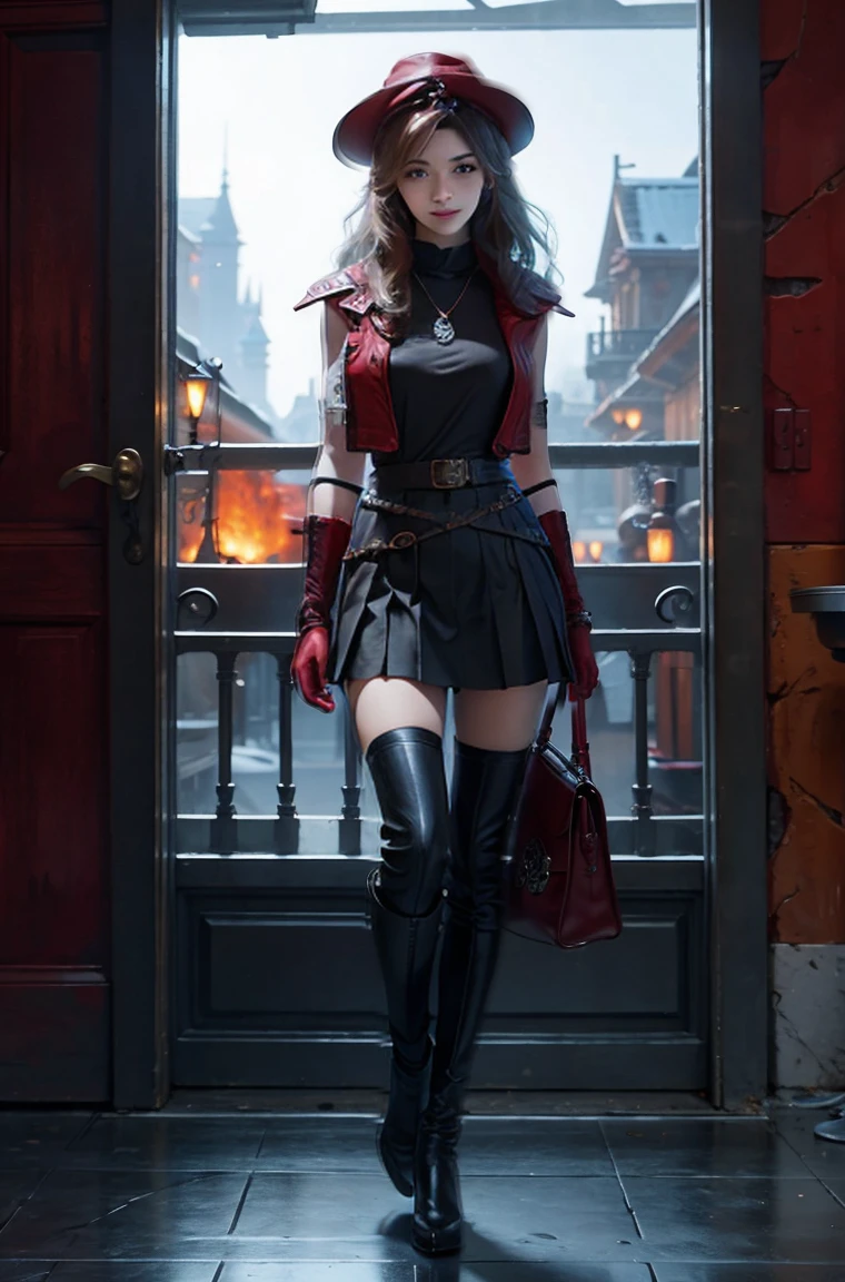((Full body photo, standing, feet on the floor)) full body Esbian, of the highest quality, Intricately detailed skins, Shiny skin, Shiny hair, pale complexion，Big breasts), 　Red sky,　Continuous snow， Castle terrace, ((Skull Mark)), ambitious, Seductive Woman, Gray hair, Long hair, Hair fluttering in the wind, Skull mask on half of the face, Detailed tattoos, Red leather clothes, Red sleeveless clothes, Red leather coat, Black leather gloves, Solid Gold Bracelet, leather skirt red skirt, , small hat, (Leather Belt), Look far away