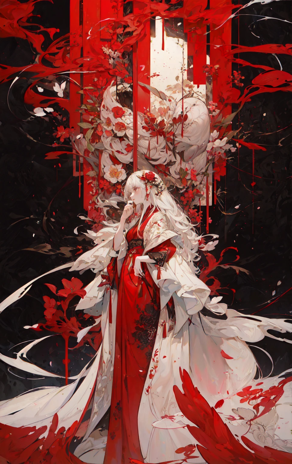 digital painting, anime-style, a beautiful young woman with long flowing white hair adorned with red flowers, wearing a traditional red and white kimono with intricate floral patterns, standing gracefully against a dramatic and ornate background filled with red and white floral motifs, vibrant and contrasting color scheme with dominant reds, detailed and elaborate designs, soft and ethereal lighting, serene and poised expression, high contrast, intricate details, elegant and captivating atmosphere, highly detailed, perfect lighting, vibrant colors, (masterpiece: 2), best quality, ultra highres, original, extremely detailed, perfect lighting