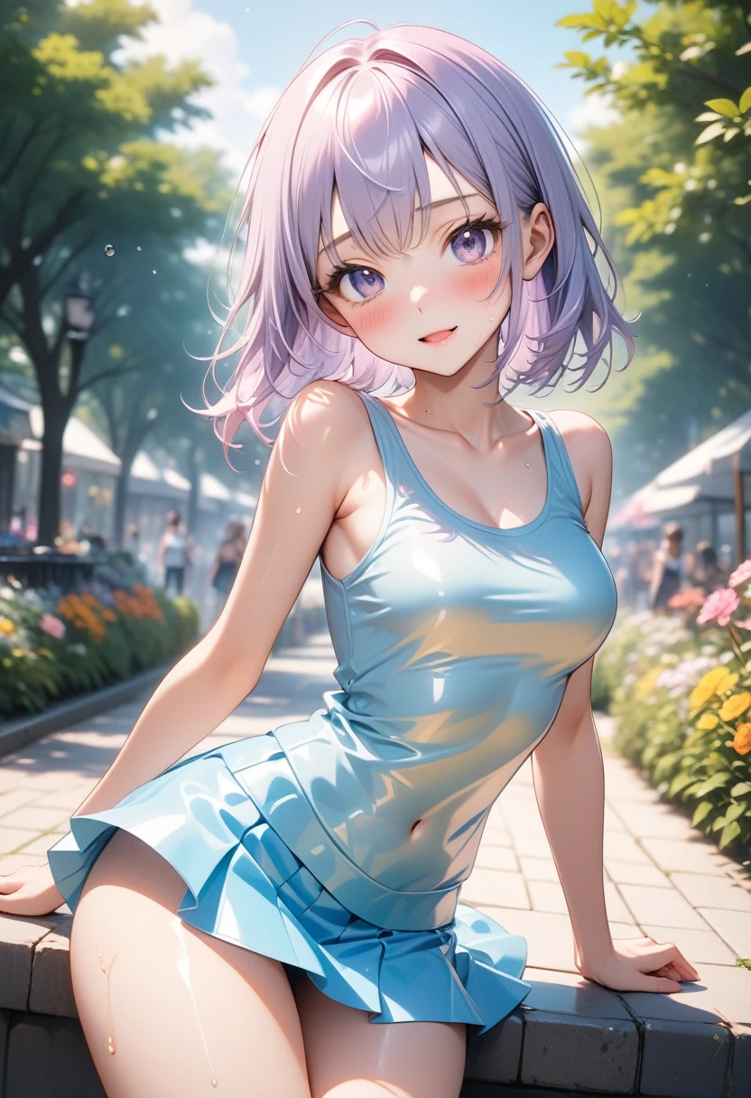 ((Pastel_colors_latex Tank top, skirt)), skindentation, skinny, solo, 1 woman, Masterpiece, highest quality, highest quality, 16K, incredibly absurd, highly detailed, 2.5D, ai-generated, delicate and dynamic, very delicate facial expressions, delicate eye depiction, only sexy woman, ((A cute and kind face)), healthy figure, 25-year-old woman, 160cm tall, medium firm swaying bust, blush, Sweat,Embarrassed,sexy, ((thin thighs)), ((shiny and lustrous)), facing straight at viewer, (Erect nipples:0.7), (visible nipples:0.5), ((Oily_skin)), dutch angle, ((erotic pose)), Dynamic poses, A city park in midsummer